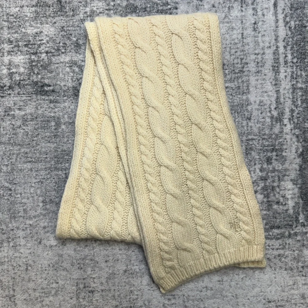 VTG Ralph Lauren Cable Knit Scarf Cream Fisherman Wool Angora Old Money Layer